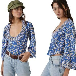 Free People L On‎ the Block Blue Combo Crop Top Boho Castlecore Cottagecore 70s
